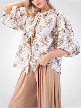 Easel Embroidered Bubble Sleeve Top Size S
